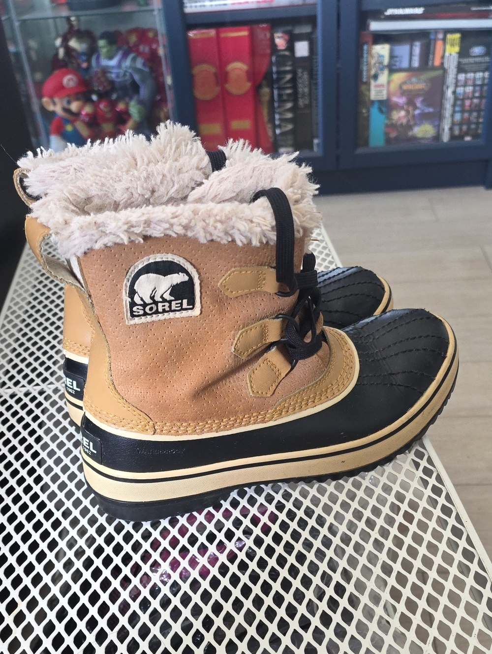 Sorel Tan and Black Winter Boots with Cream Faux Fur